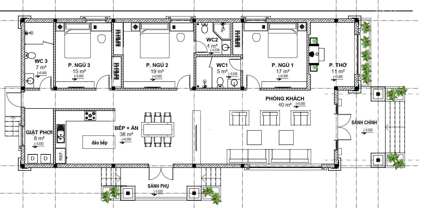 Bản vẽ nhà cấp 4 100m2 3 phòng ngủ mái thái