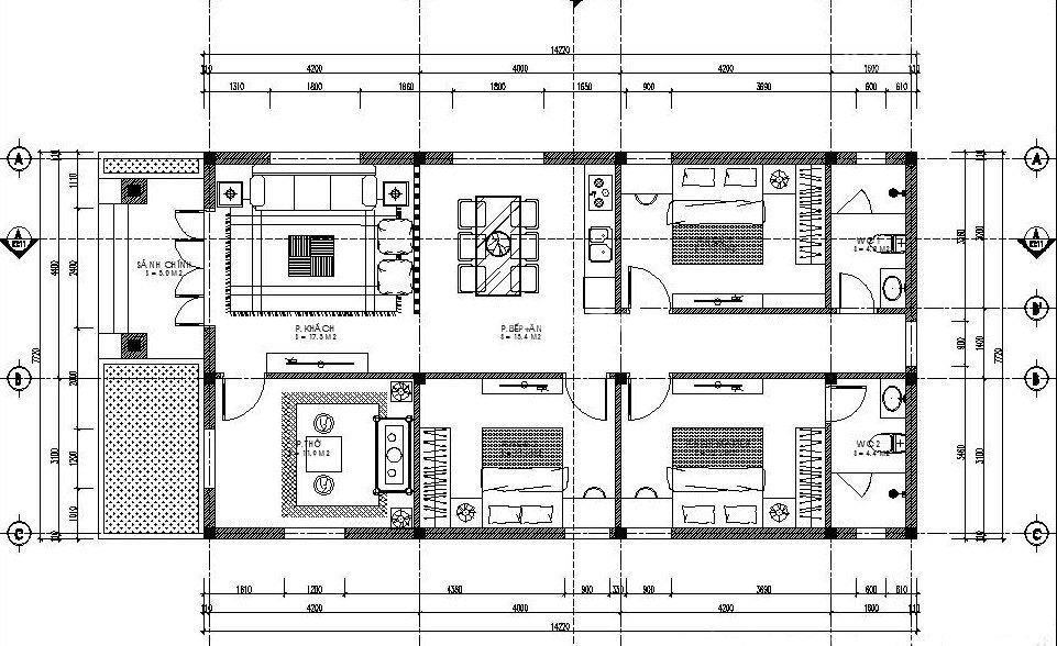 Bản bản vẽ nhà cấp 4 3 phòng ngủ 100m2 gồm phòng khách, phòng thờ, bếp, 3 phòng ngủ và 2 WC