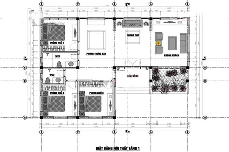 Bản vẽ nhà cấp 4 100m2 3 phòng ngủ chữ  L