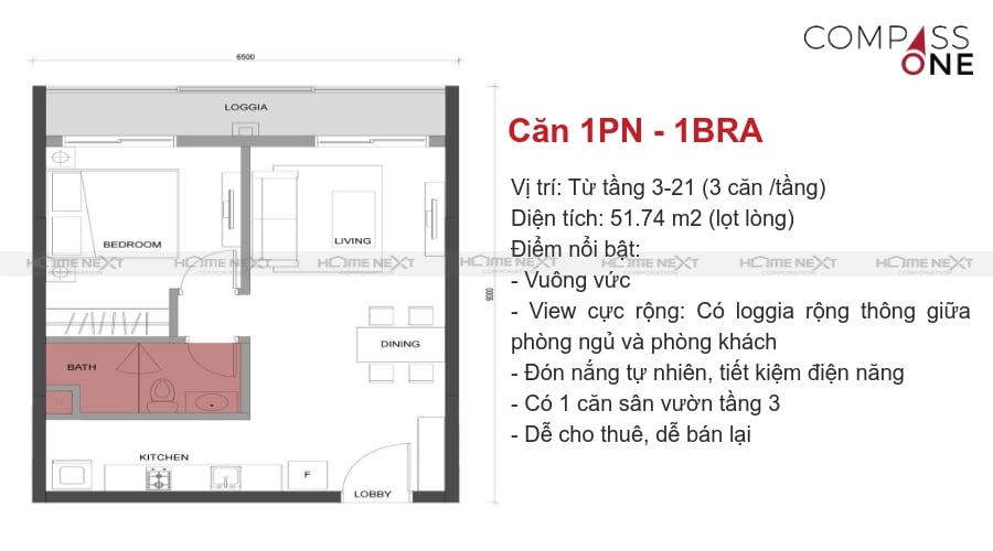 mô hình căn hộ một phòng ngủ compass one