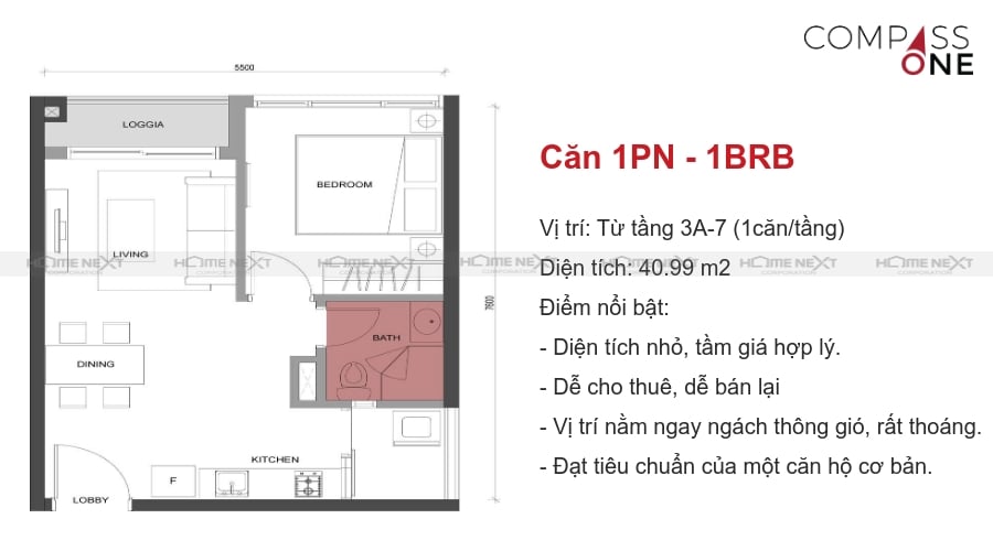 mô hình căn hộ một phòng ngủ compass one