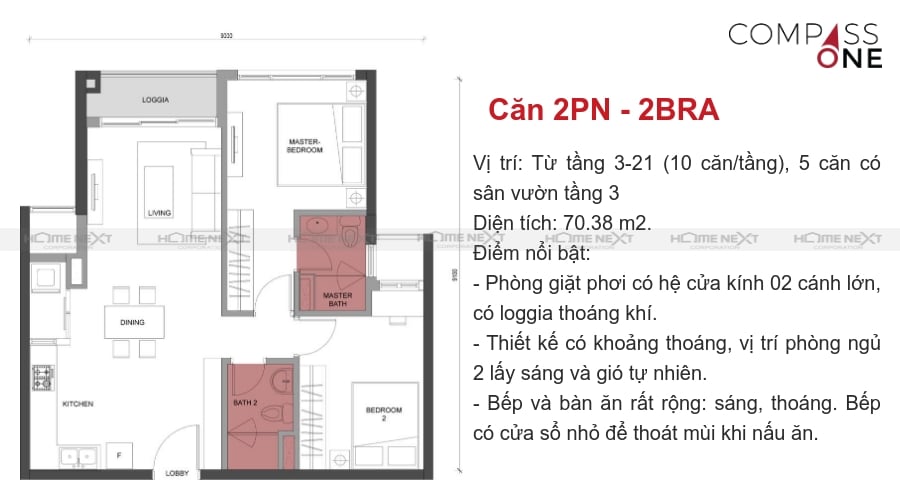 mô hình căn hộ hai phòng ngủ compass one