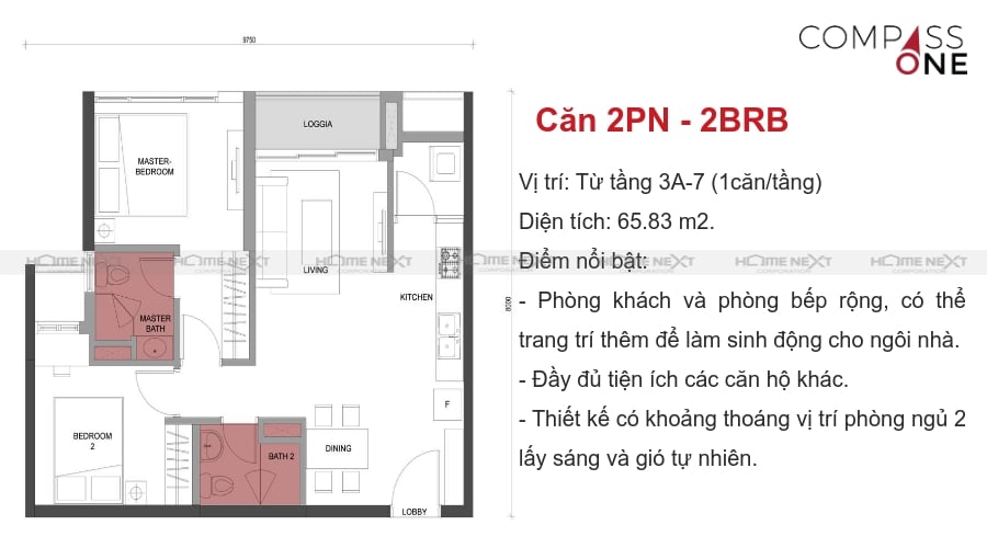 mô hình căn hộ hai phòng ngủ compass one