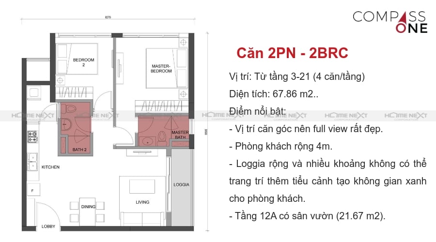 mô hình căn hộ hai phòng ngủ compass one