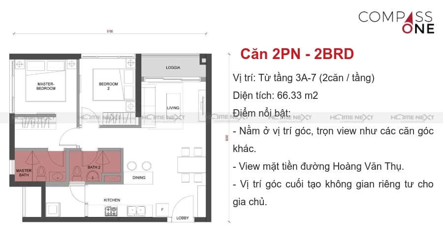 mô hình căn hộ hai phòng ngủ compass one