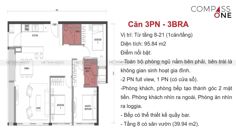 mô hình căn hộ ba phòng ngủ compass one