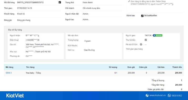Dong bo don hang tu TikTok Shop ve KiotViet