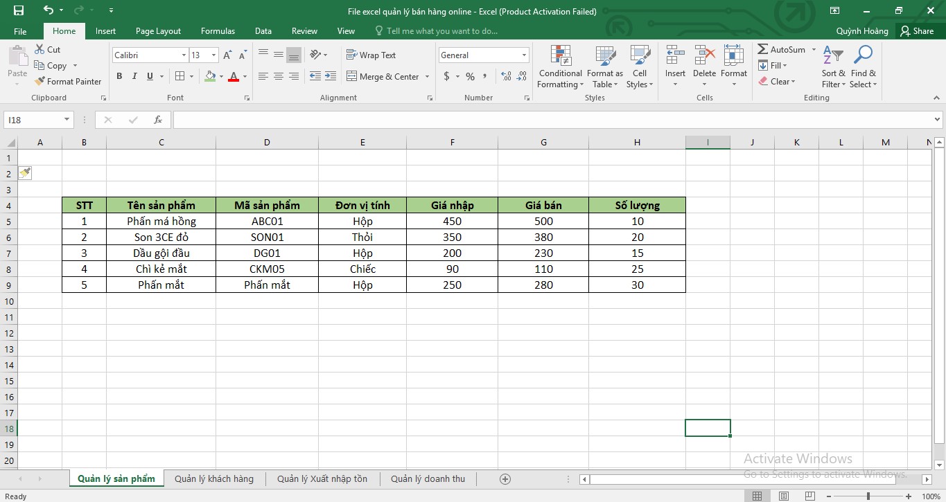 file excel quản lý sản phẩm