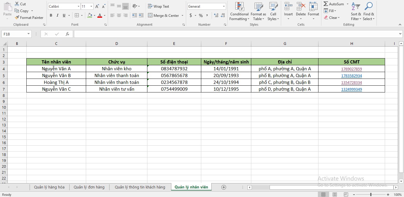 Mẫu file excel quản lý bán hàng quần áo theo nhân viên