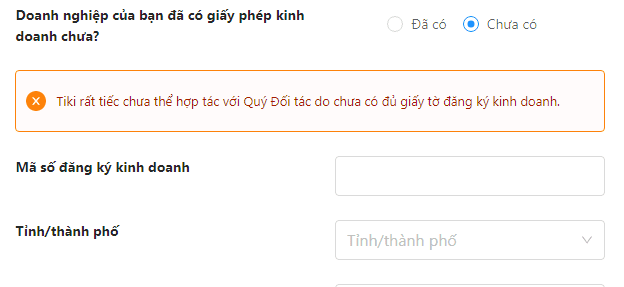 Không có giấy phép kinh doanh không đăng ký bán hàng được trên Tiki