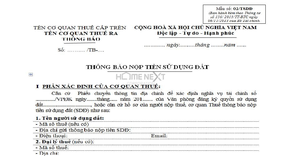 mẫu thông báo nộp tiền sử dụng đất