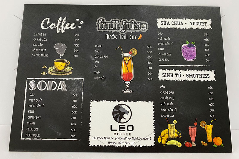 Menu quán cafe acoustic có giá hợp lý