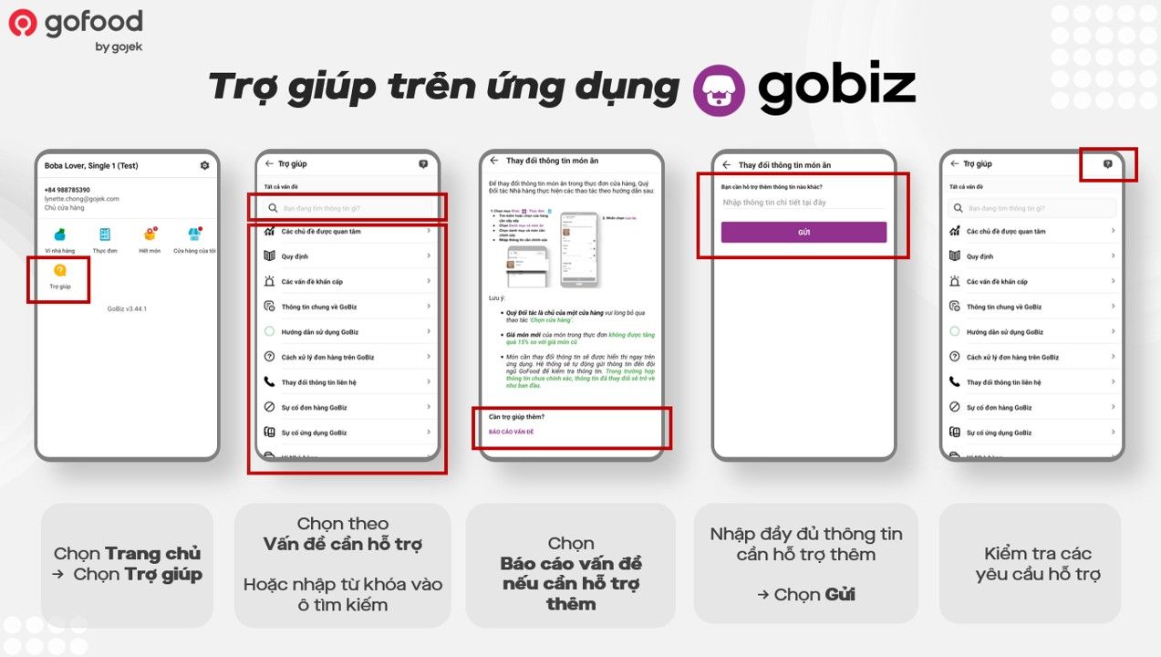 tính năng “Trợ giúp” trên ứng dụng GoBiz