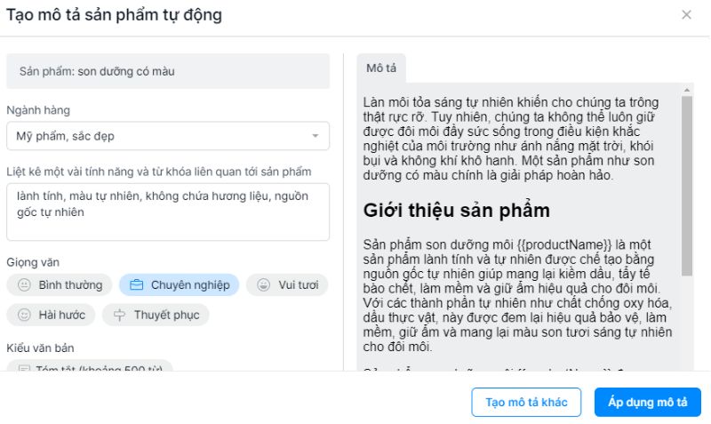 Viết mô tả sản phẩm bán hàng ứng dụng công nghệ AI của Sapo Web